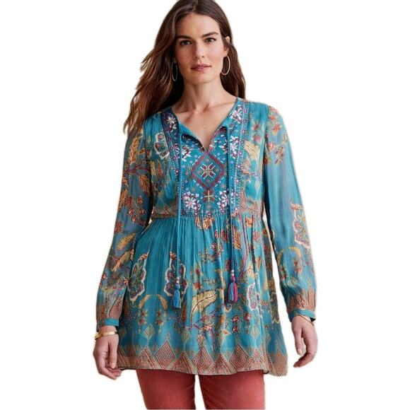 SOFT SURROUNDINGS Mirapani Tunic Blue red Boho Print Embroidered Women's Large - Picture 1 of 6